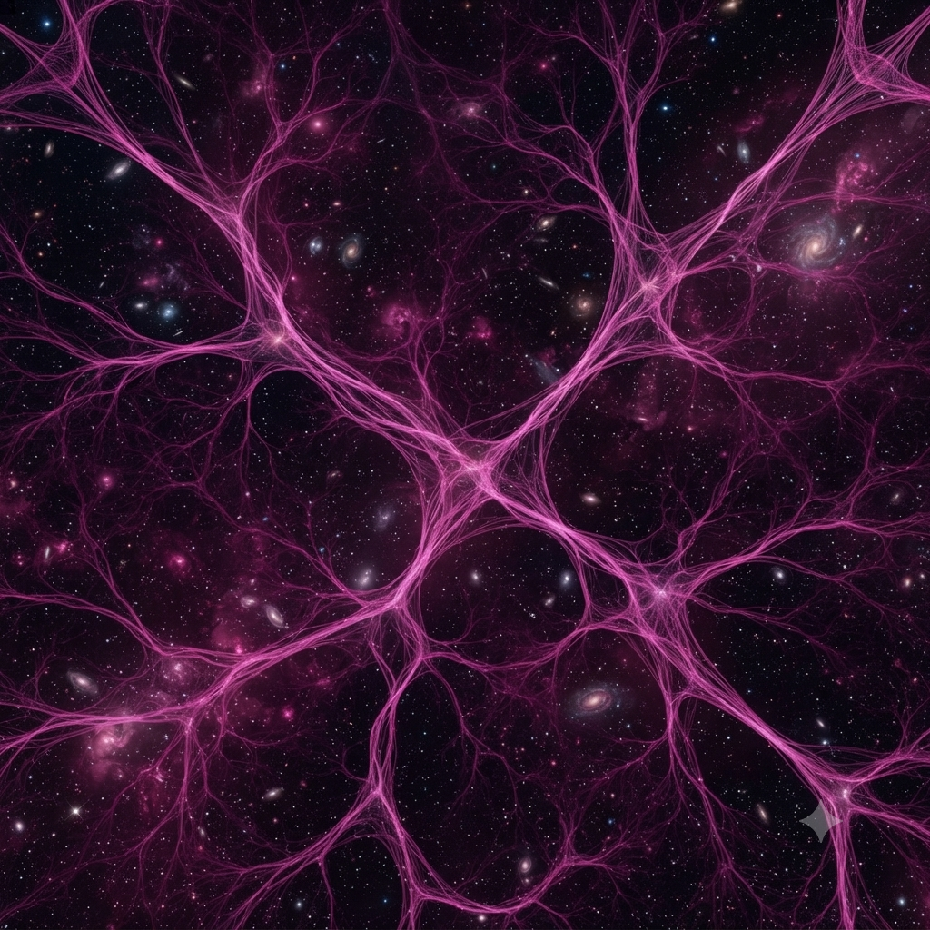 Artistic visualization of a cosmic web structure, illustrating the Fluid-Spacetime Snap Model with glowing, interconnected filaments and embedded galactic clusters. Dorsal vessel mechanics